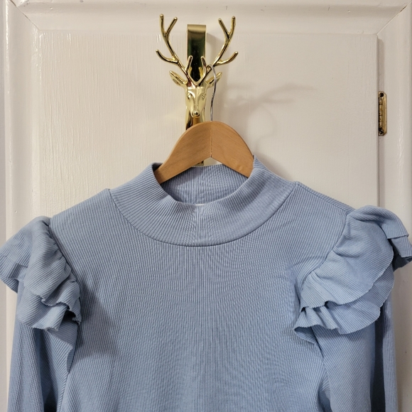 TLA Anthropologie | NWT Blue Ruffle Shoulder Long Sleeve Top - Picture 8 of 9